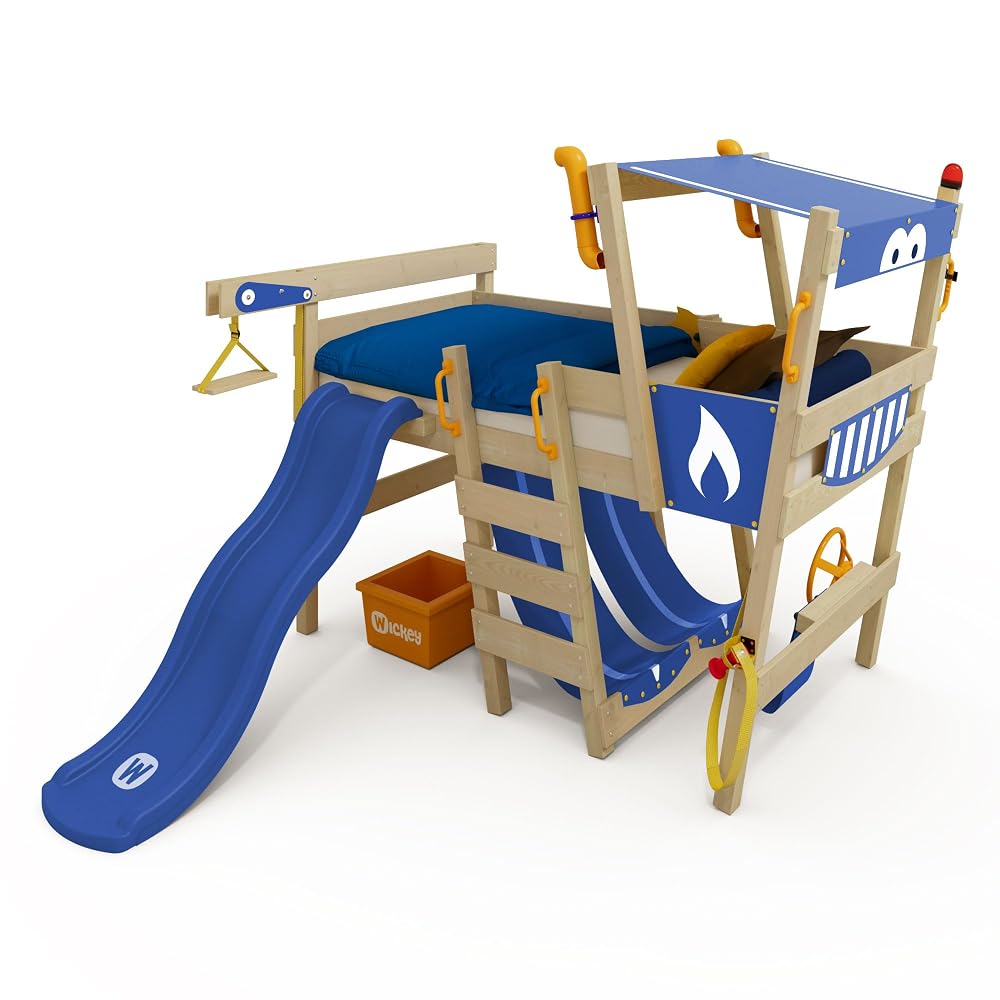 Wickey Children's Loft Bed with Slide Crazy Smoky Children's Bed 90 x 200 with Slatted Base and Accessories, Blue