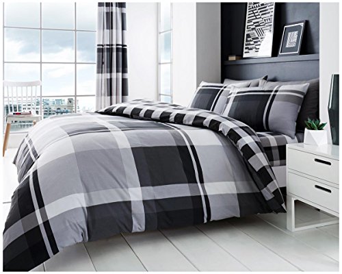 GC GAVENO CAVAILIA Geometric Check Duvet Cover Set King Size, Reversible Bedding Set with Matching Pillowcases, Soft Easy Care Bed Set, Grey