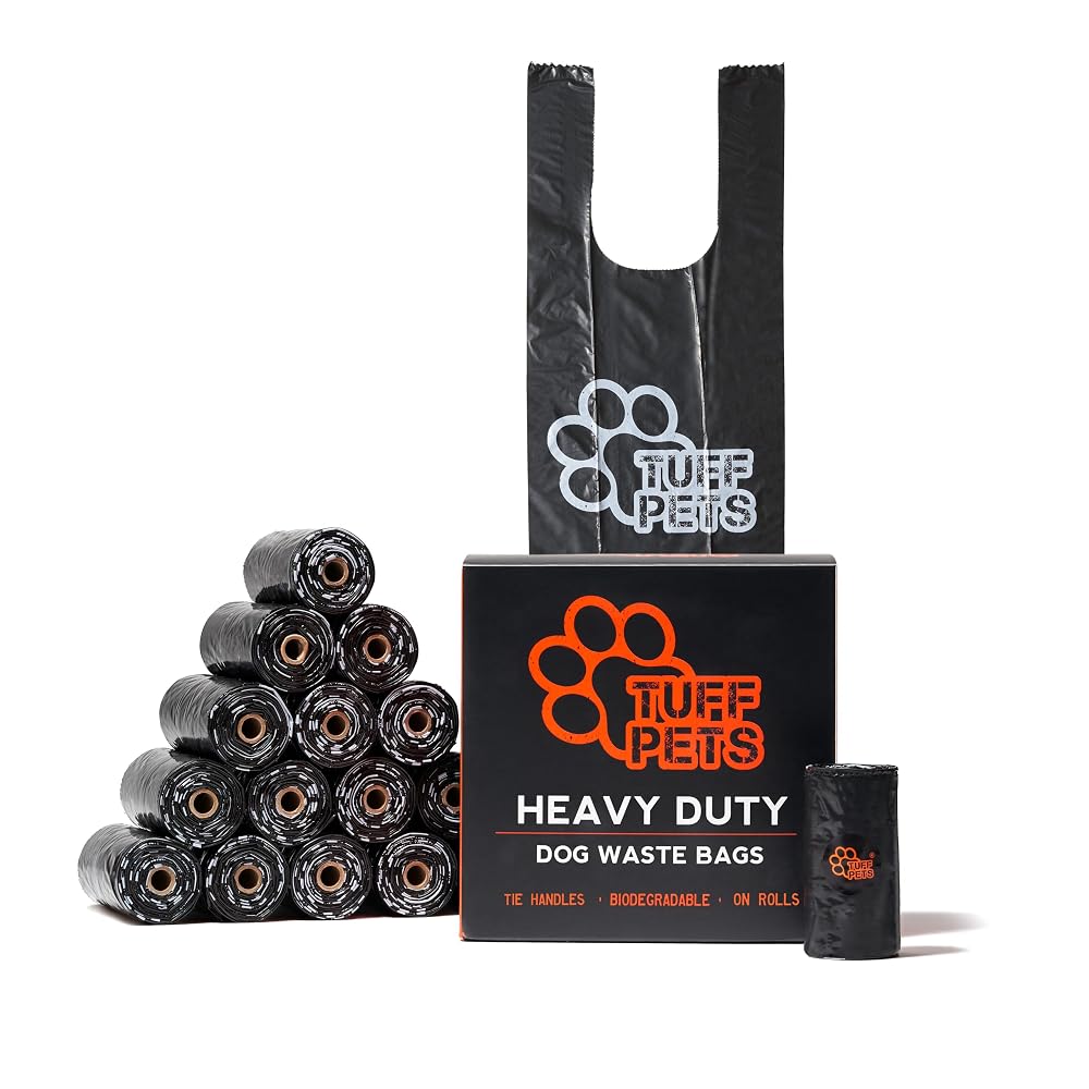 Tuff Pets Dog Poop Bags Rolls With Tie Handles, 16 Rolls of Extra Thick Poo Bags