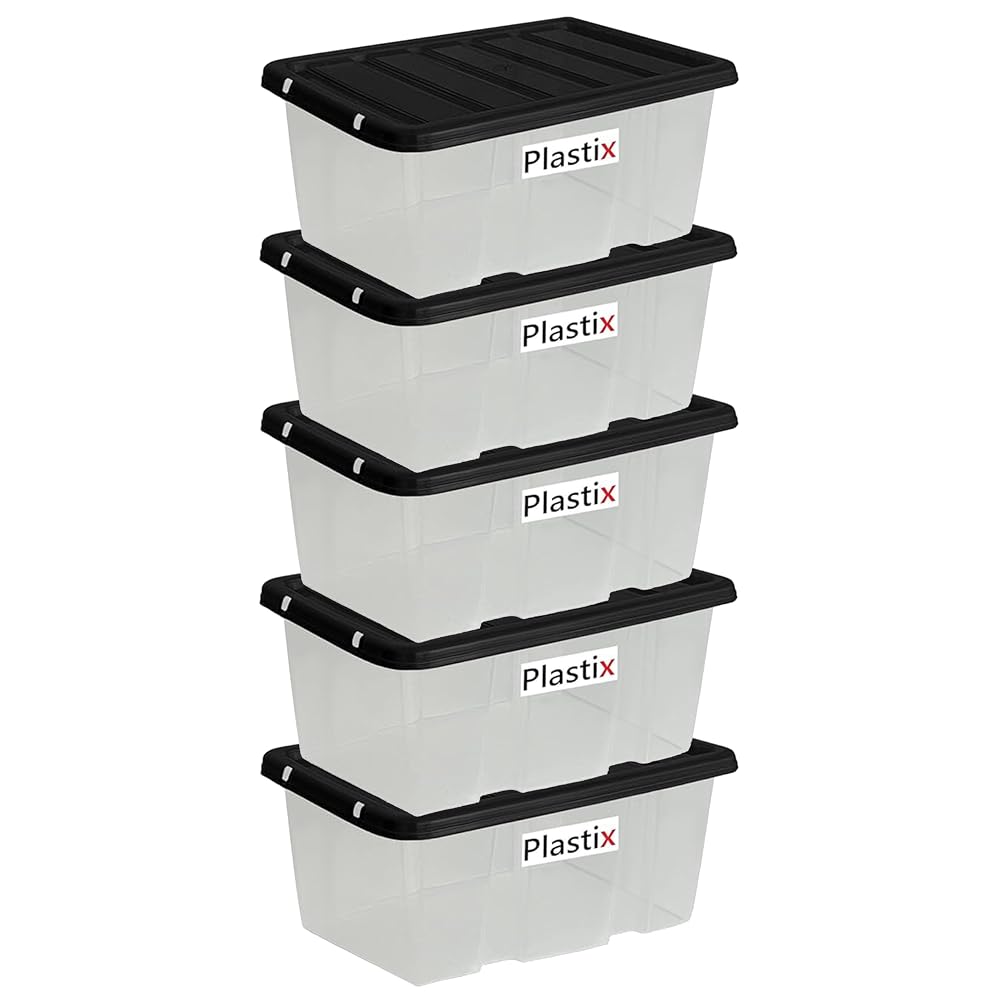 Plastix Clear Plastic Storage Box Boxes With Black Lids, Home Office Stackable, UK Made, 6 Litre (Pack of 5)