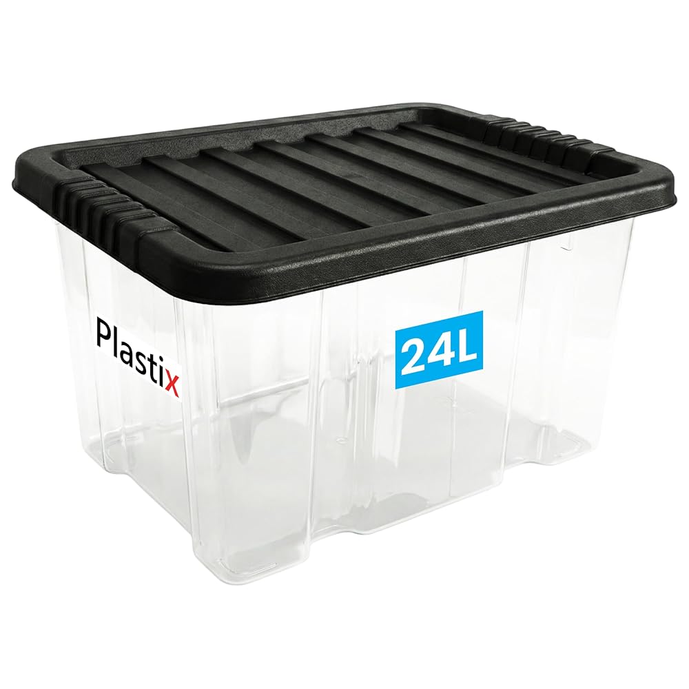 Plastix Clear Plastic Storage Box with Black Lid, Home & Office Stackable, UK Made, 24L