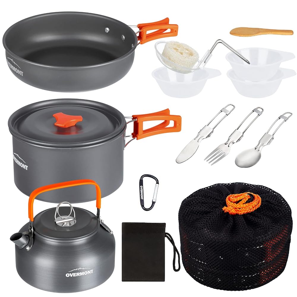 OVERMONT Camping Cookware Set Outdoor Cooking Kettle Mess Kit | Kit Pots Pans Ultralight Portable for Backpacking Hiking Picnic Fishing Mountaineering