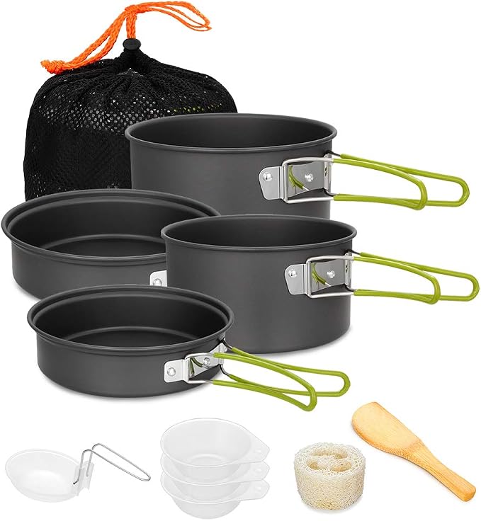 Gutsdoor Camping Cookware Set Camping Cooking Set Non Stick Family Backpacking Cooking Set Lightweight Stackable Pot Pan Bowls with Storage Bag for Outdoor Hiking