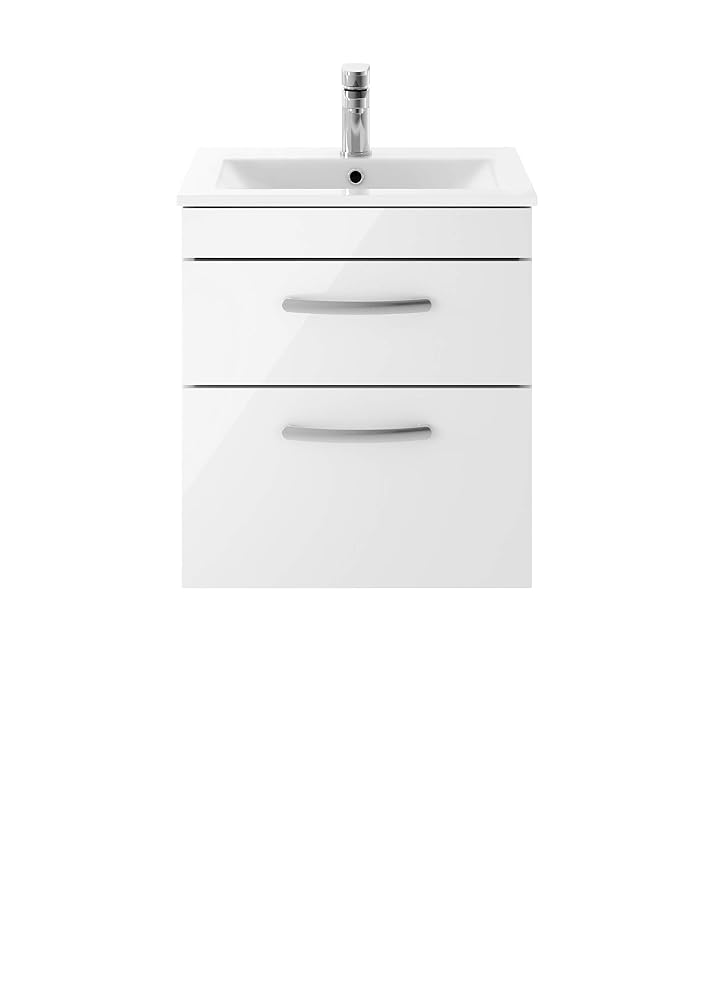 Nuie ATH020B Athena Wall Hung Contemporary Double Soft Close Drawer Vanity Unit with Basin, 500mm, Gloss White