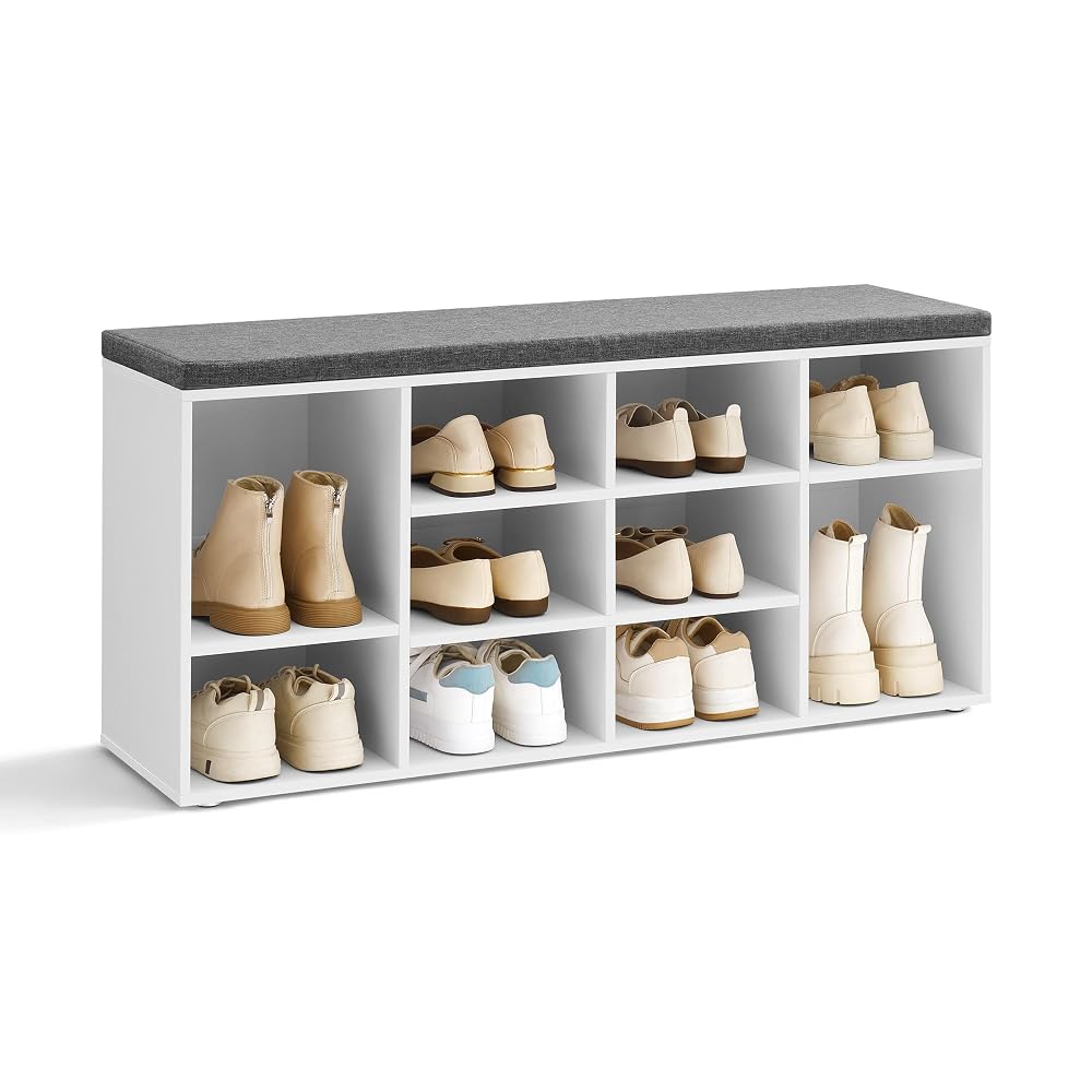 VASAGLE Shoe Bench, Shoe Shelf, Shoe Rack, Storage Cabinet, 10 Compartments, with Cushion, for Entryway, 104 x 30 x 48 cm, White