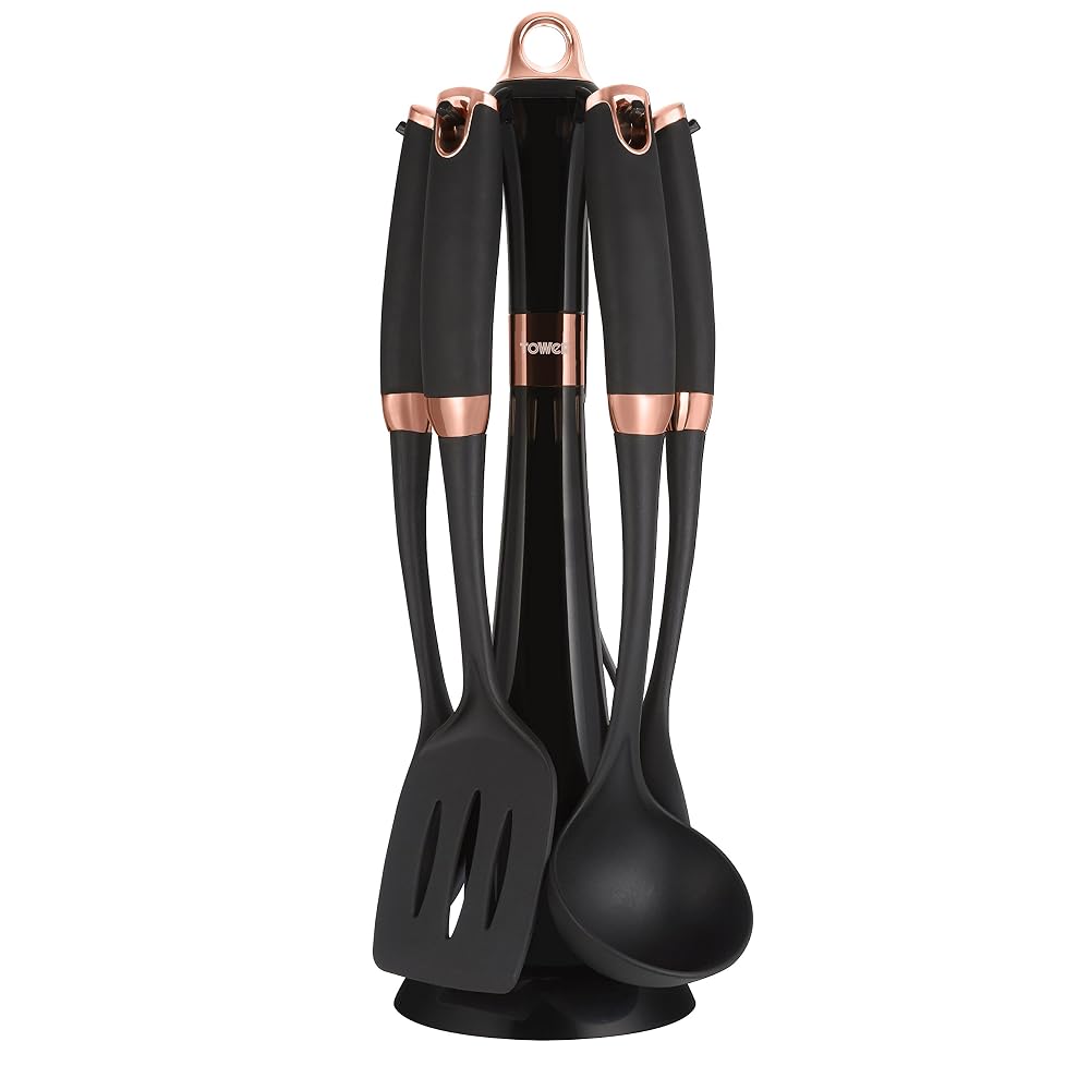 Tower Kitchen Utensil Set, Rose Gold Range, Stainless Steel, Black, 5 Pieces