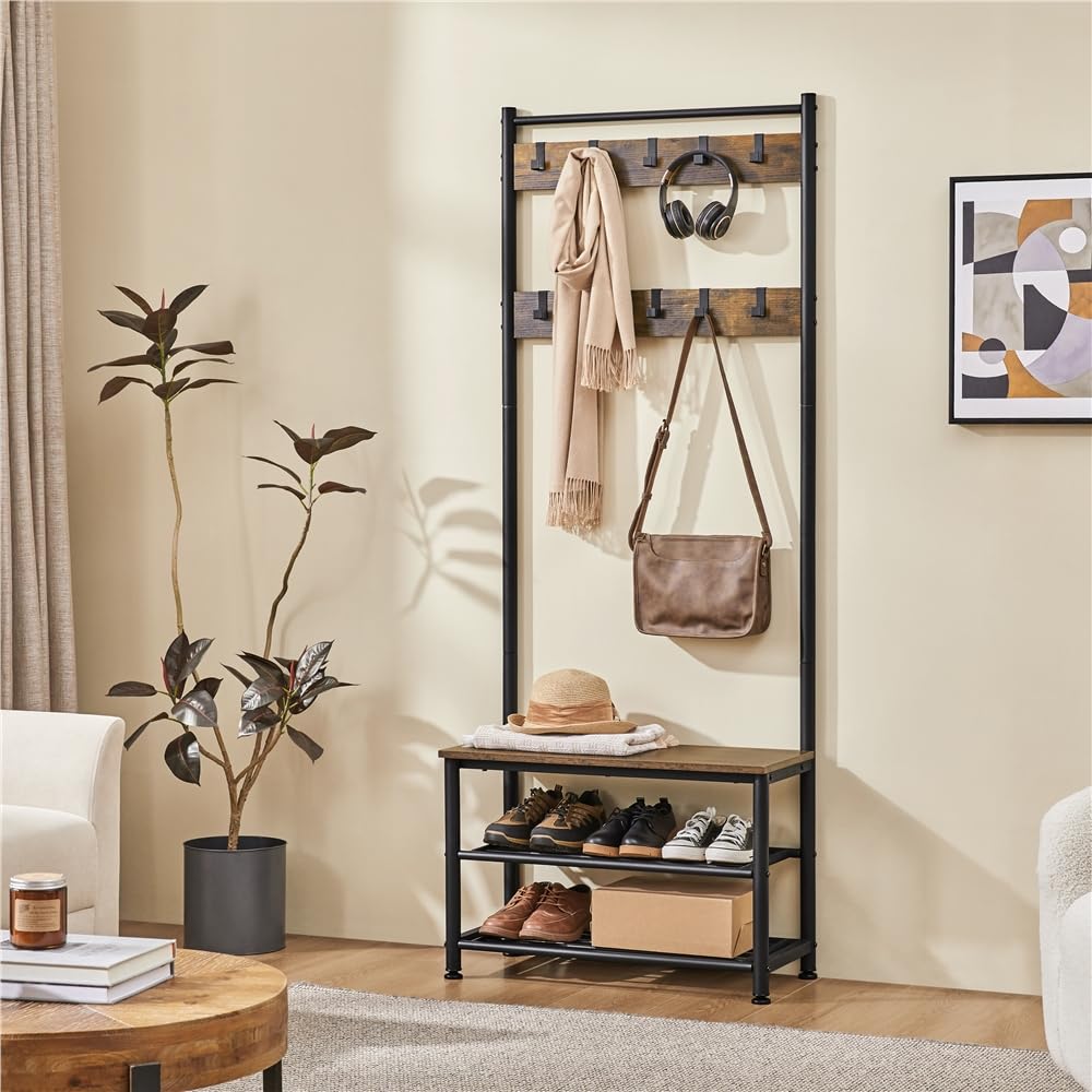Yaheetech Industrial Coat Rack with Shoe Bench, Hall Tree Storage Shelf
