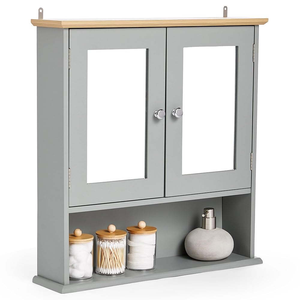 VonHaus Bathroom Mirror Cabinet, Grey Wall Cabinet with Wood Effect Top, 2 Door, Shrewsbury