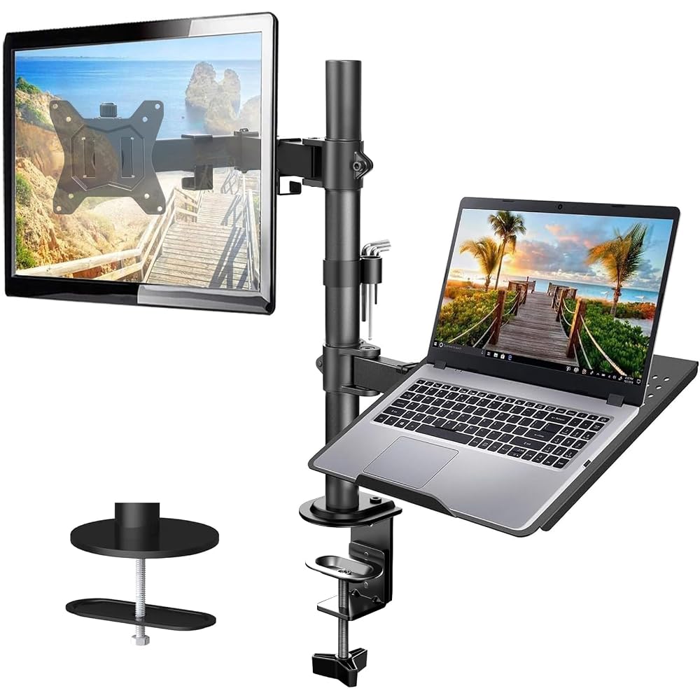 HUANUO Monitor Arm with Laptop Tray for 13 to 32 Inch Screen & 17 Inch Notebook, Monitor and Laptop Stand, VESA 75/100