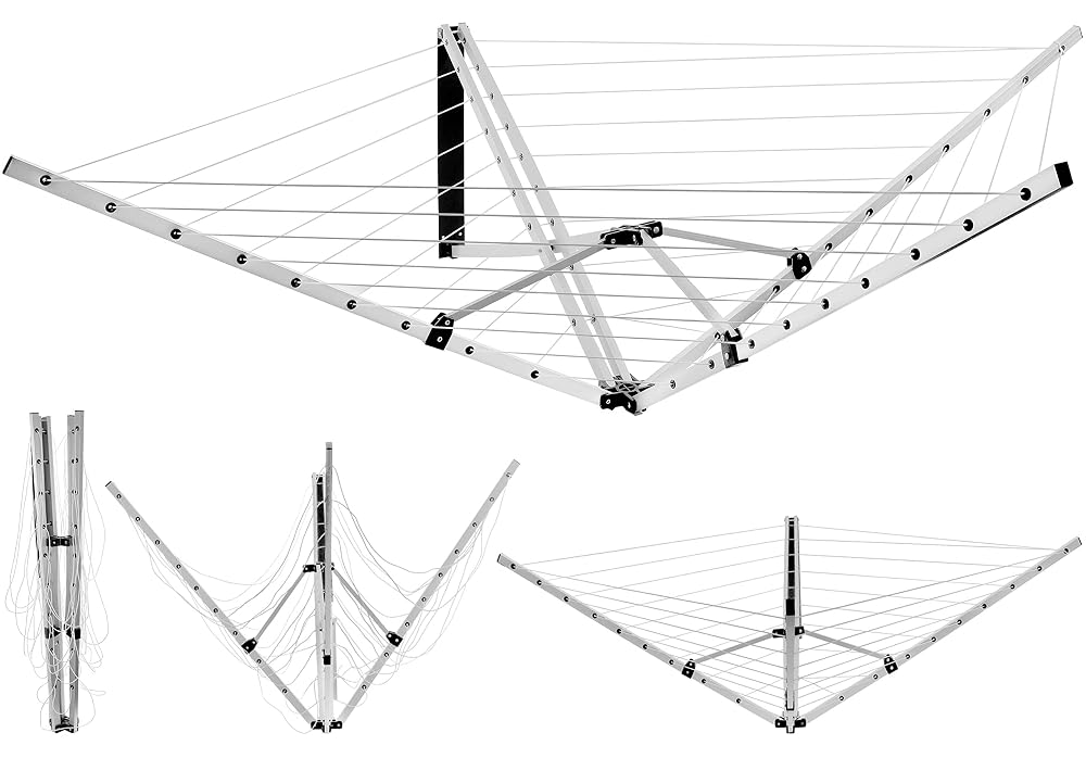 ASAB 5 Arm Retractable Wall Mounted Rotary Washing Line, Outdoor 26 Metre Rotary Line, Adjustable Height, Easy to Assemble