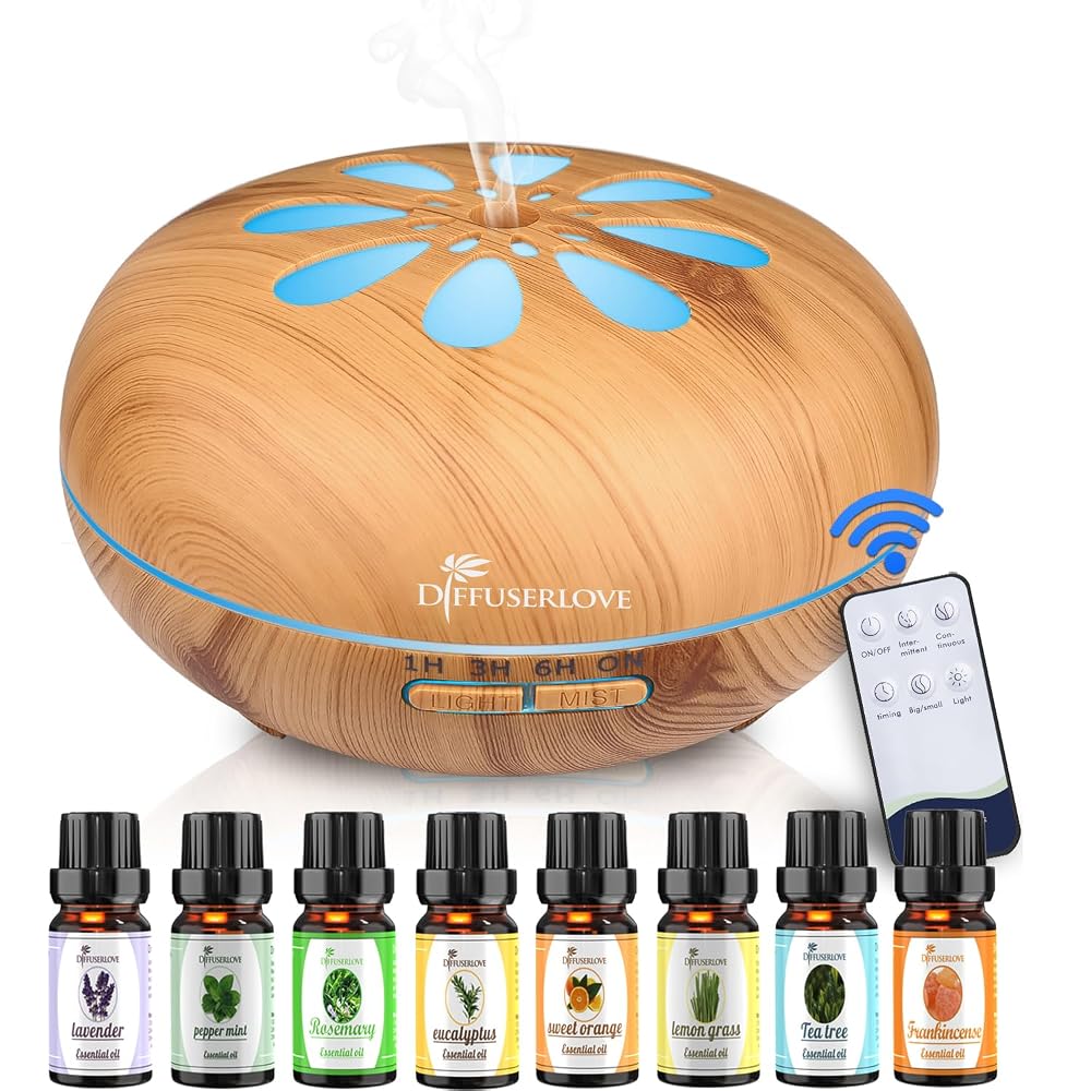 Diffuserlove 550ml Essential Oil Diffuser, Wood Grain Ultrasonic Cool Mist Humidifier with Remote Control