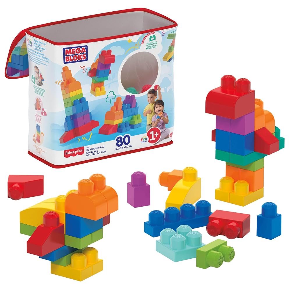 MEGA BLOKS Fisher-Price Toddler Block Toys, Big Building Bag with 80 Pieces and Storage, Blue, Gift Ideas for Kids Age 1+ Years, DCH63