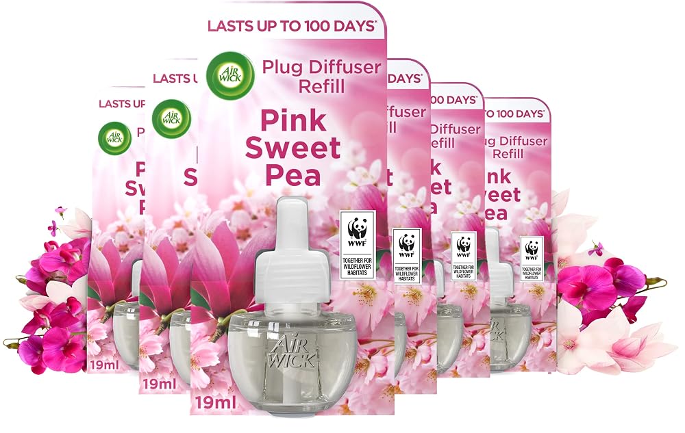 Air Wick Plug in Diffuser Refill, Pink Sweet Pea, Pack of 6 x 19ml, Long Lasting Fragrance