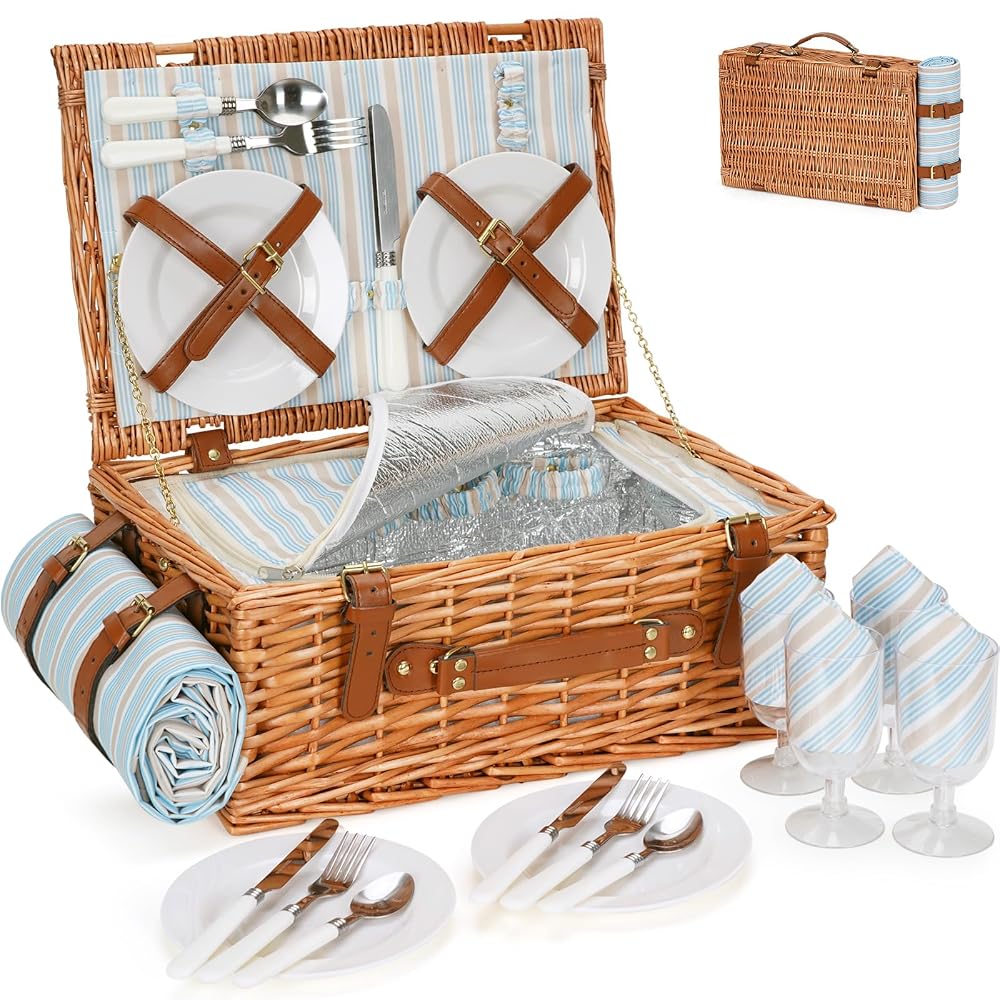 HappyPicnic Wicker Picnic Basket Set for 4 Persons - Large Willow Hamper with Insulated Cooler Compartment, Waterproof Blanket and Cutlery Service Kit
