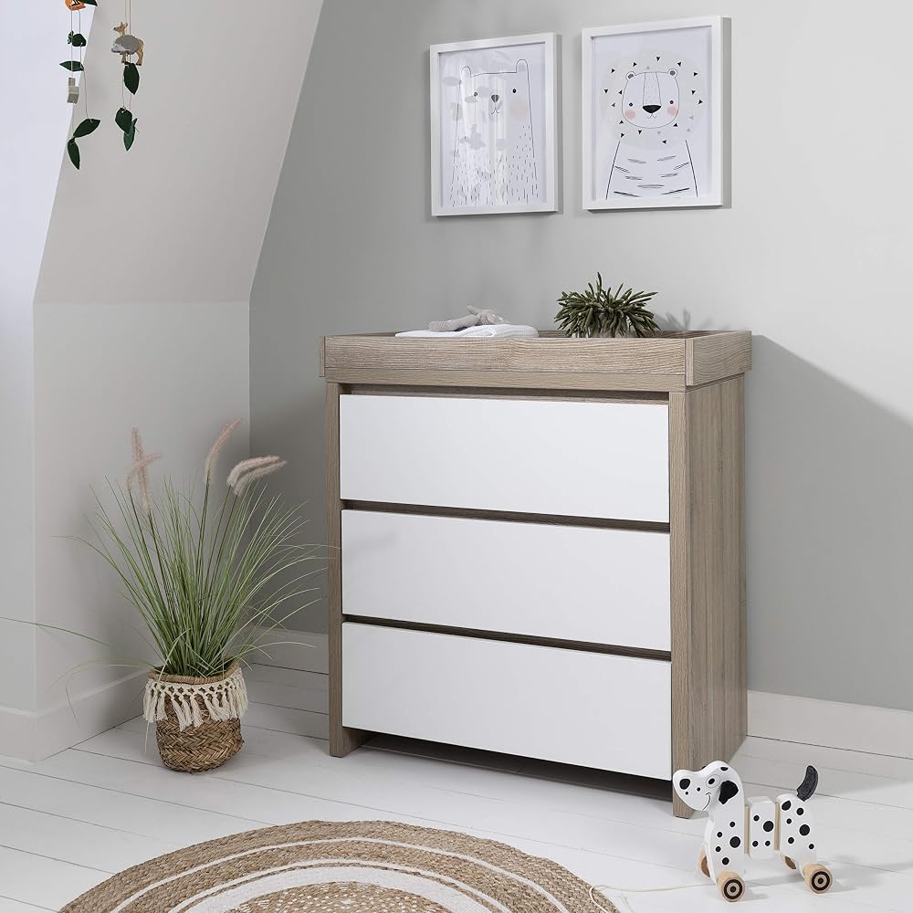 Tutti Bambini Modena Solid Wood Baby Changing Table, Nursery Dresser Chest Changer with 3 Drawers, White and Oak