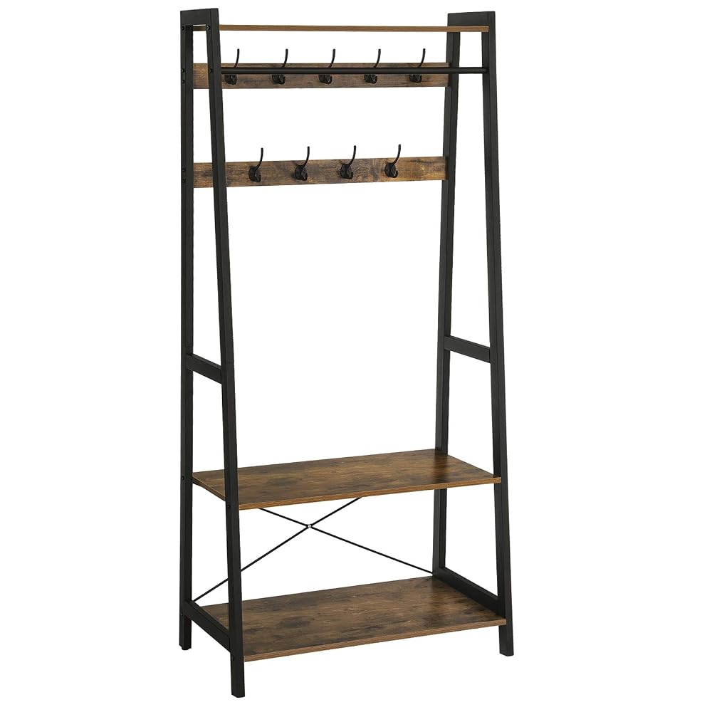 VASAGLE Coat Rack Stand, Wardrobe Garment Rack with 2 Storage Shelves and 9 Heavy Duty Hooks, Rustic Brown and Black