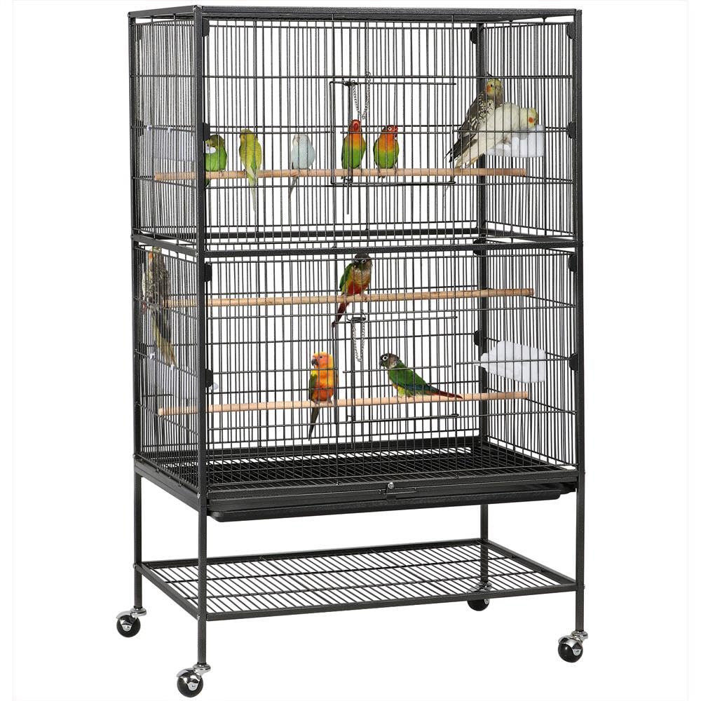 Yaheetech Parrot Cage 79 x 52 x 132 cm with Rolling Stand, Black, Powder-Coated Wrought Iron