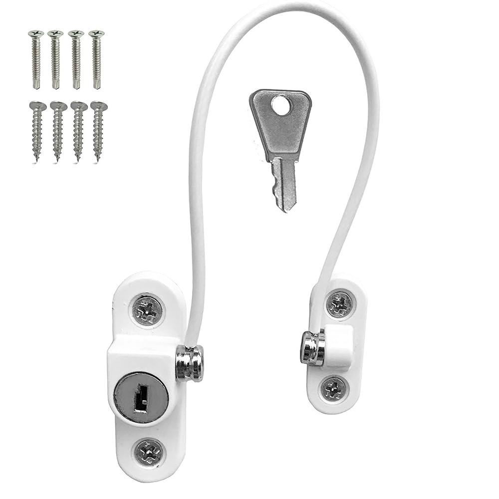 2 x UPVC Window Cable Restrictor Lock with Screws — Child & Baby Safety Security Wire, Tested to British Standards, White