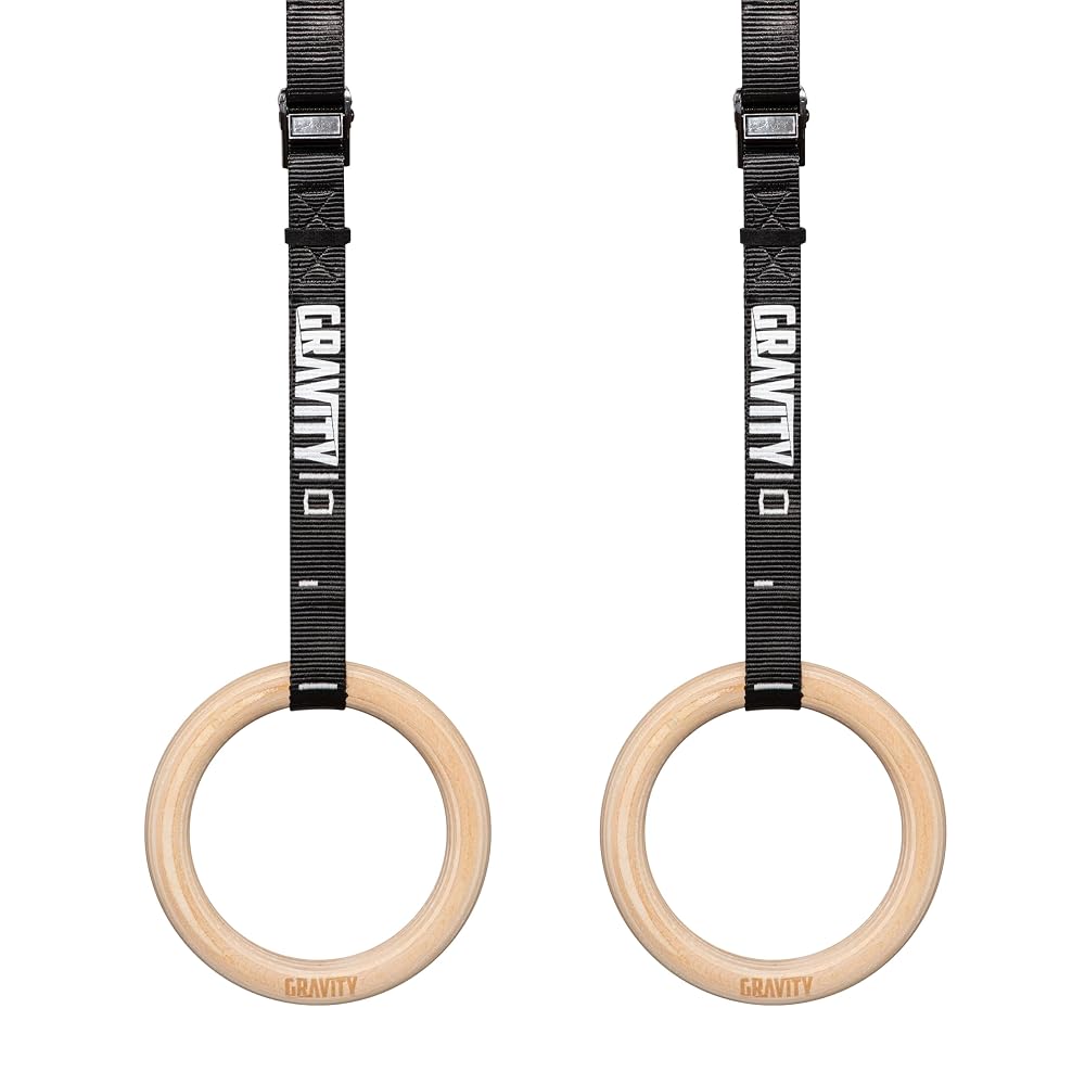 GRAVITY FITNESS Wooden Gymnastic Rings with Adjustable Straps and Buckle, Premium Calisthenic Olympic Rings for Home and Gym Workouts