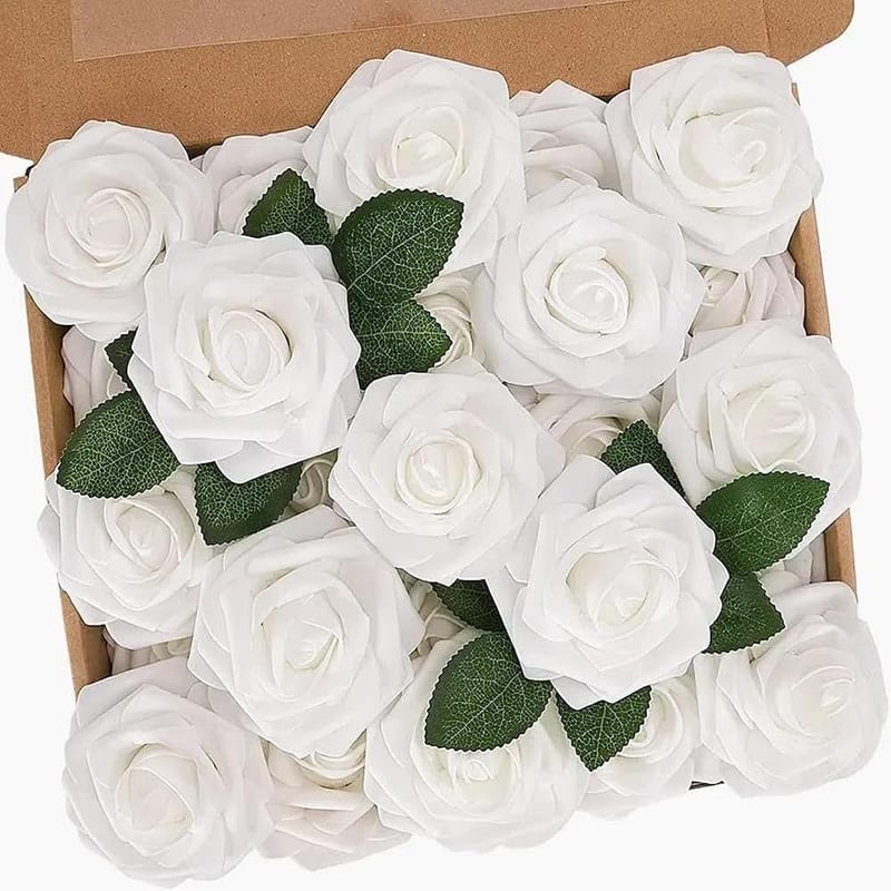 N&T NIETING 25pcs Artificial White Rose Flowers, Fake Silk Roses for Bouquets, Vases, and Wedding Décor
