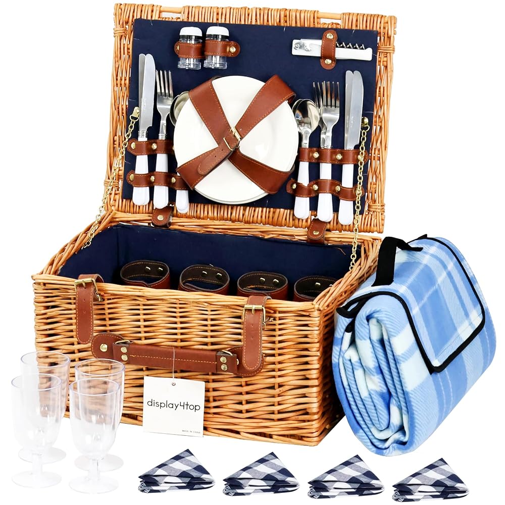 Display4top Deluxe 4 Person Traditional Wicker Picnic Basket (Blue)
