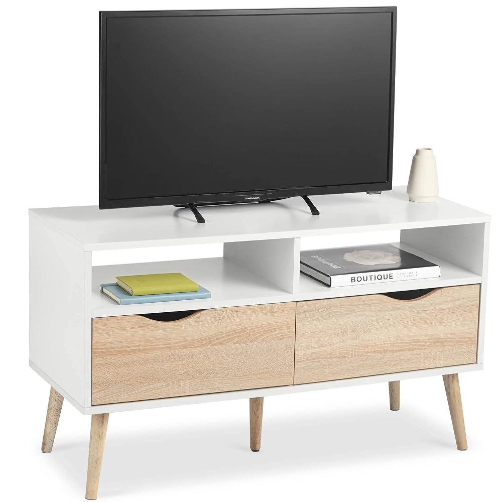 VonHaus White TV Unit with Oak Effect Drawers & Tapered Legs