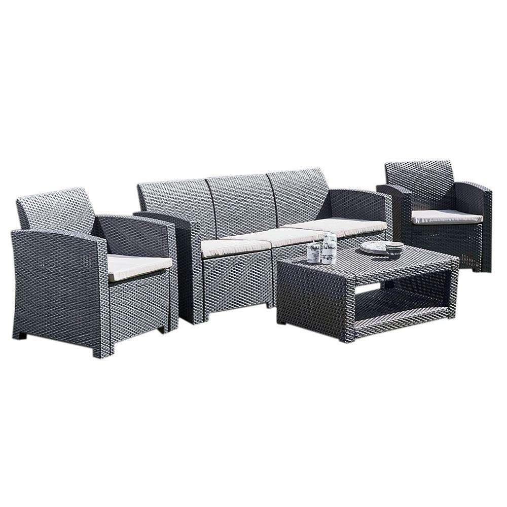 Trueshopping 5 Seater Rattan Garden Furniture Set, 3 Seater Sofa & 2 Armchairs with Coffee Table, Marbella, Graphite
