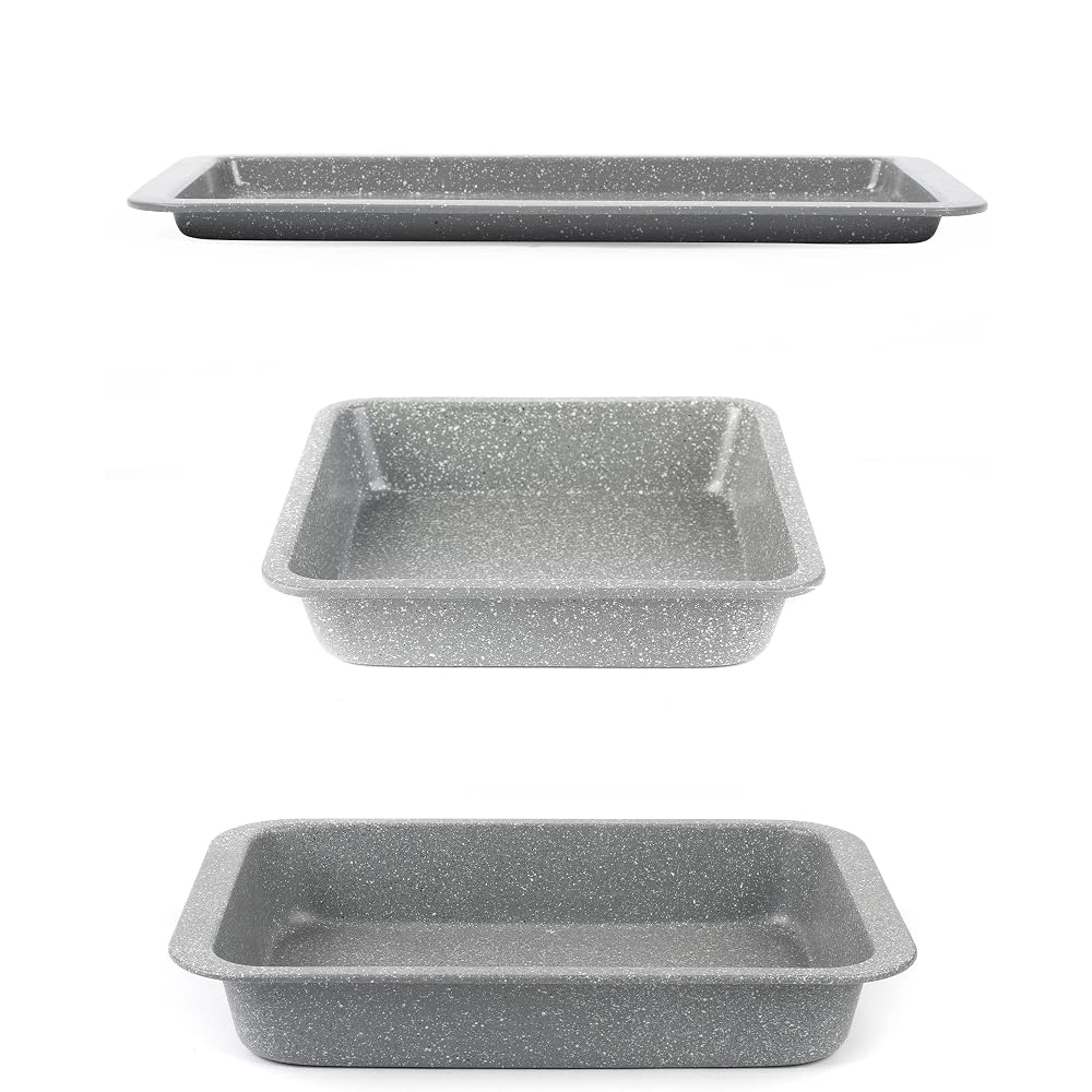Salter Marblestone 3-Piece Baking Set - Non-Stick Oven Trays, Lightweight Carbon Steel, 36cm Roaster, 37cm Baking Tray, 23cm Square Tray