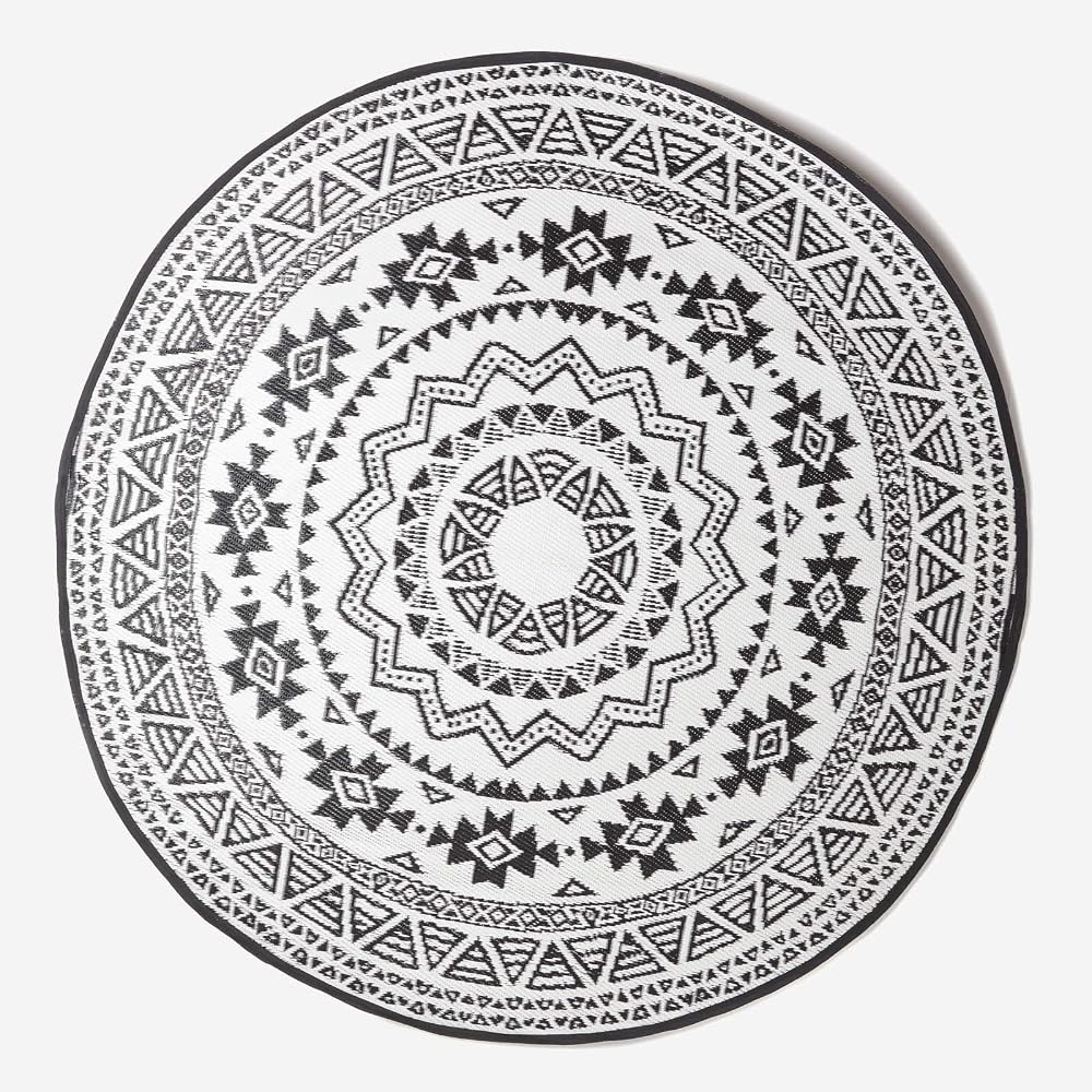 HOMESCAPES Outdoor Round Rug for Garden Patios - Luxury Black & White Mosaic Design - Waterproof Circular Rug, 180cm