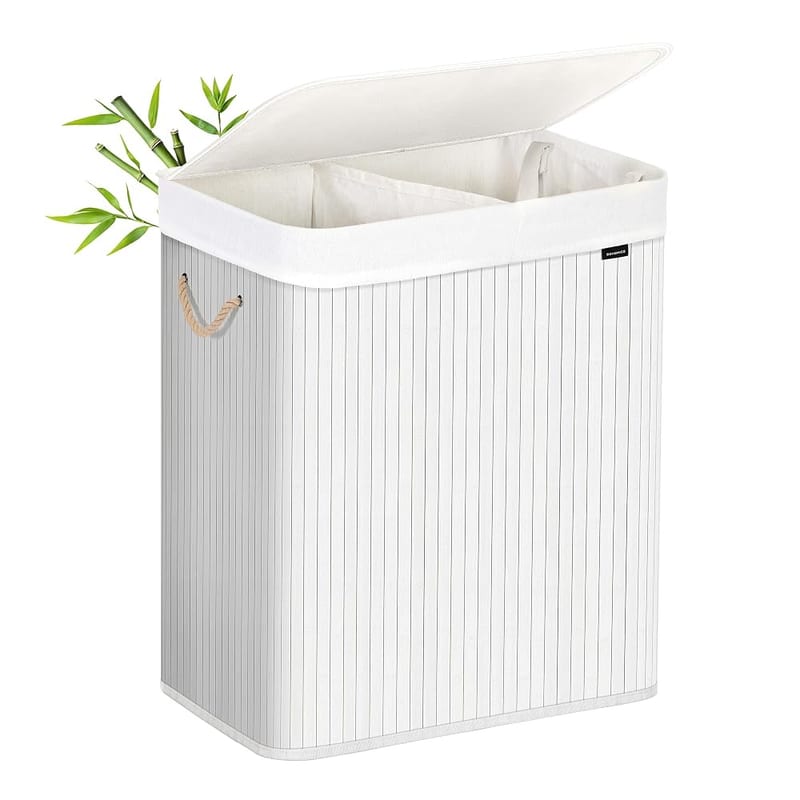 SONGMICS Laundry Basket with Lid, Bamboo Laundry Basket with 2 Sorting Compartments, Removable Bag, Cotton Handles, Volume 100L, White, LCB64WT