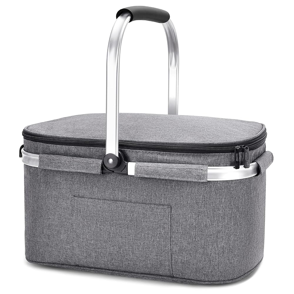 ALLCAMP Cool Bag - Insulated Shopping Basket with Lid, Ice Box Cooler, Removable Picnic Basket for 4 People, Aluminium Frame