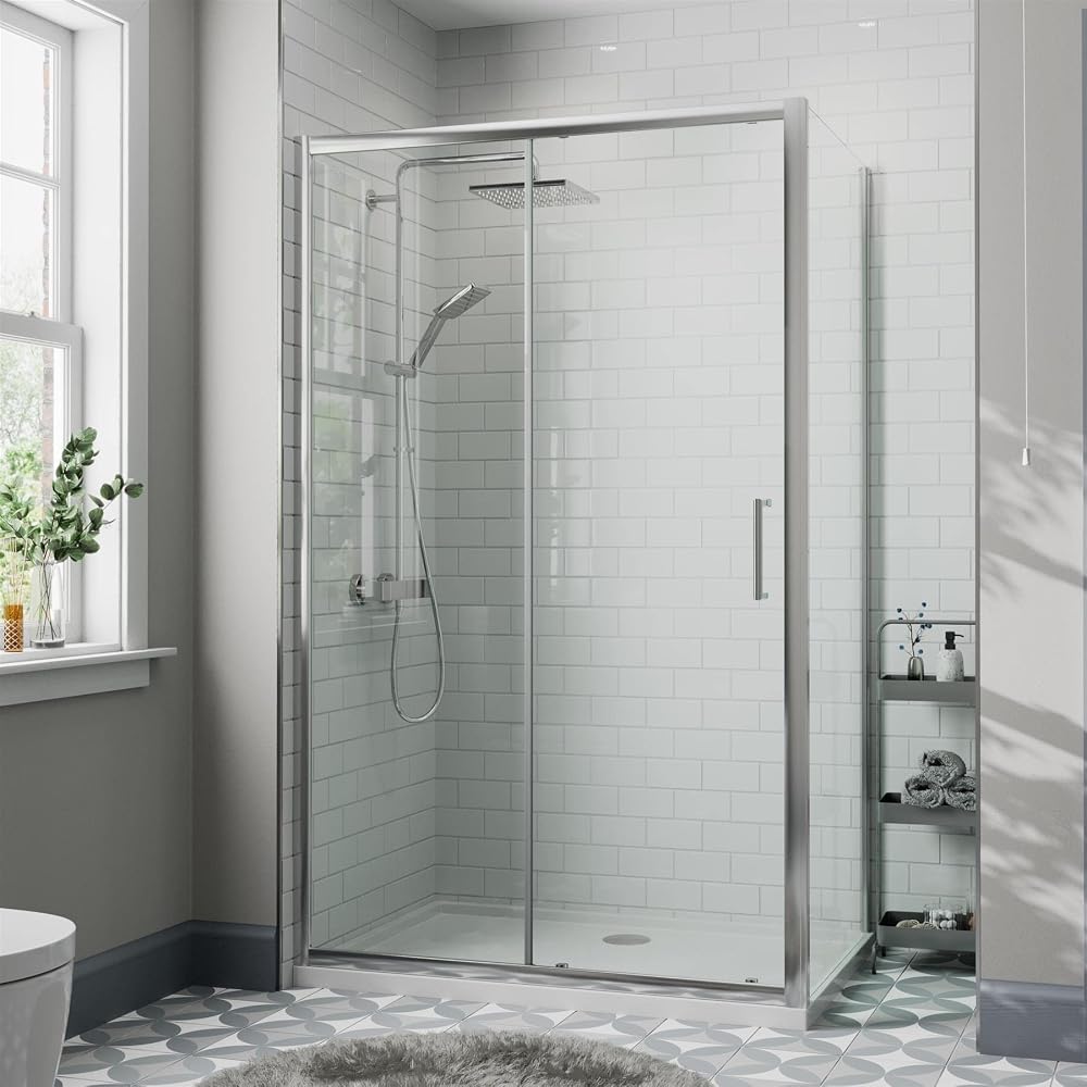 Diamond 1400 x 900mm Sliding Shower Enclosure Door Screen for Wet Room, 8mm Toughened Glass, Polished Chrome