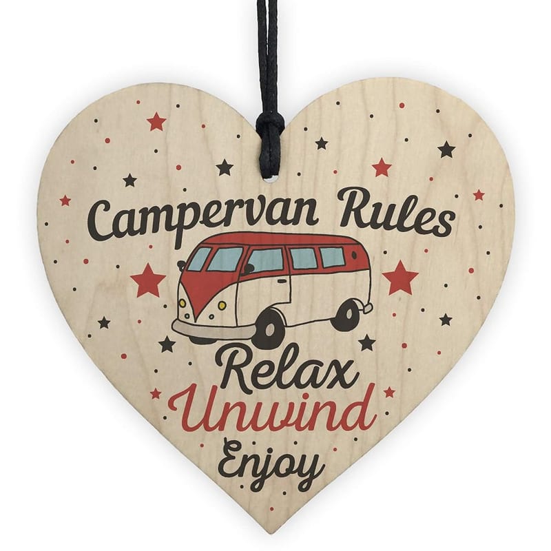RED OCEAN Hanging Funny Campervan Rules Sign, Novelty Wooden Heart Plaque, Welcome Sign, Retirement Friend Gift