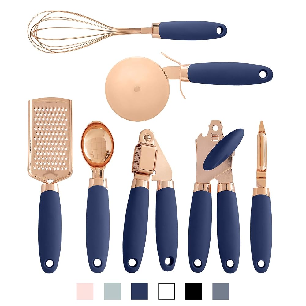 COOK With COLOR 7 Pc Kitchen Gadget Set, Copper Coated Stainless Steel Utensils with Soft Touch Navy Handles