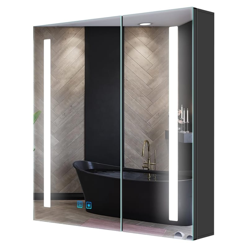 Quavikey LED Bathroom Mirror Cabinet with Shaver Socket, Grey Bathroom Cabinet, Three Colour Dimmable Lights, Adjustable Shelf, Defogger, 630 x 650mm
