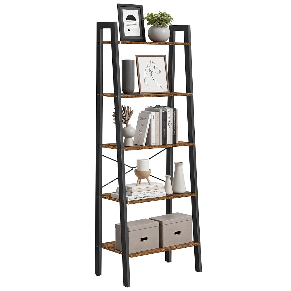 VASAGLE Ladder Shelf, 5-Tier Industrial Bookcase, Storage Unit, with Metal Frame, Rustic Brown LLS45X