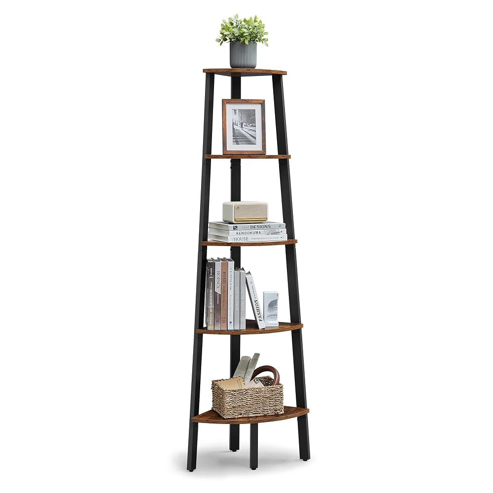 VASAGLE Corner Bookcase 5 Tier Shelf Ladder Shelf Storage Unit Plant Holder, Industrial Style with Steel Frame, Rustic Brown and Black LLS35X