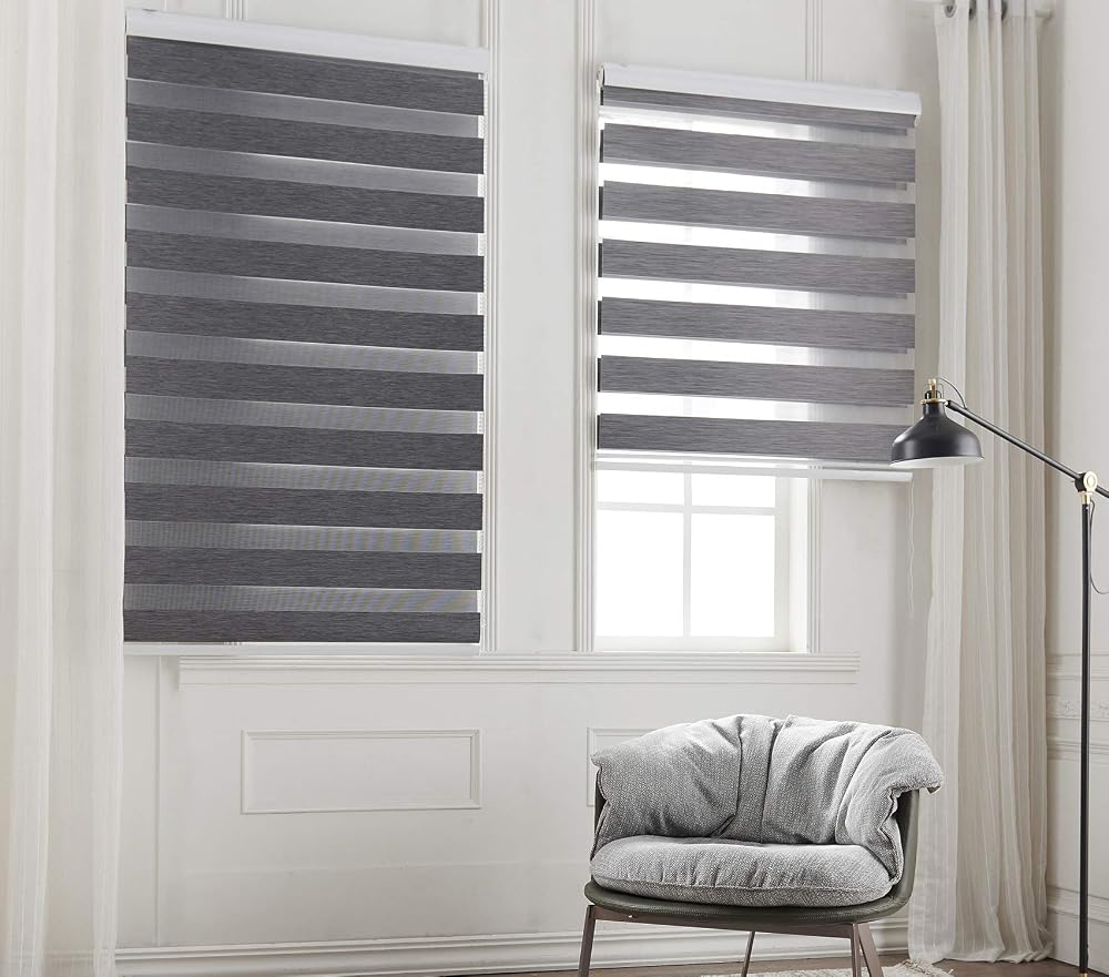 Taiyuhomes Day and Night Zebra Roller Blind, Gradient Double Fabric Translucent or Blackout Vision Curtains, Grey, 85cm x 150cm