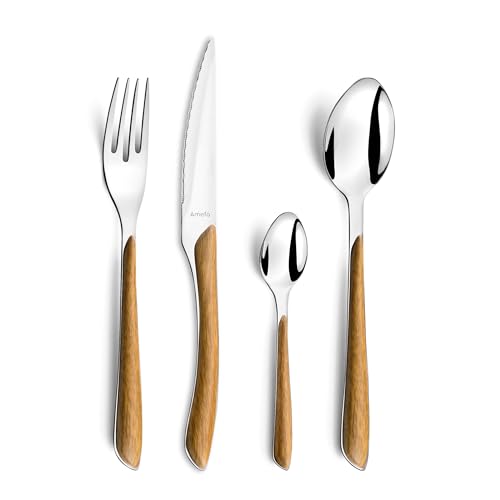 Amefa ECLAT Nature 24-Piece Cutlery Set, Service for 6 – Modern Light Wood Effect Flatware, Premium Stainless Steel Knives, Forks & Spoons – Dishwasher Safe, Gift Boxed
