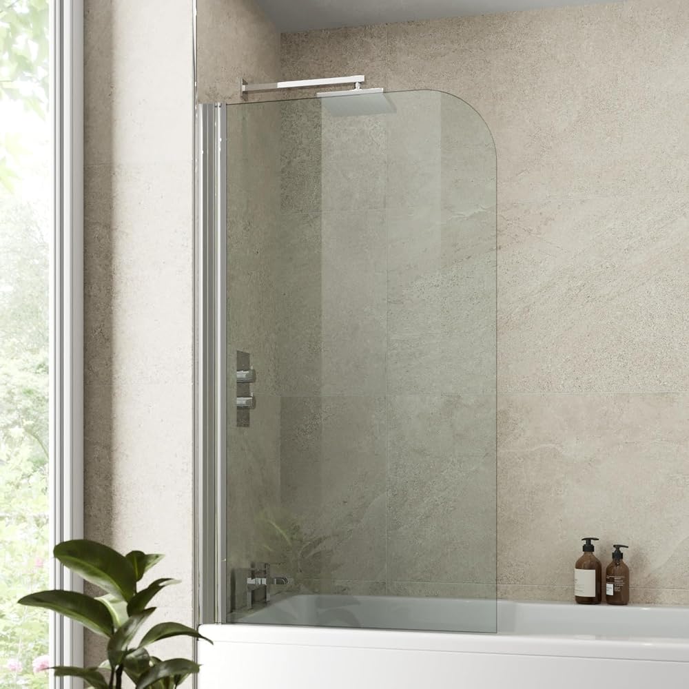 Hydrolux Curved Bath Shower Screen 800 x 1400mm, Frameless Chrome Glass Panel, 4mm Toughened Safety Glass, 180° Pivot