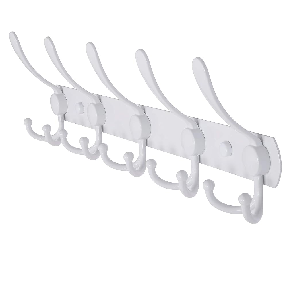 Dseap Wall Mounted Coat Rack, 5 Tri Hooks, Heavy Duty, Stainless Steel, Metal Coat Hook Rail, White