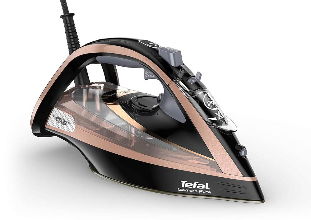 Tefal Ultimate Pure Steam Iron, 3100W, 260g/min Steam Boost, 350ml Water Tank, Non-Stick Durilium Soleplate, Anti-Scale, Black and Rose Gold FV9845G0
