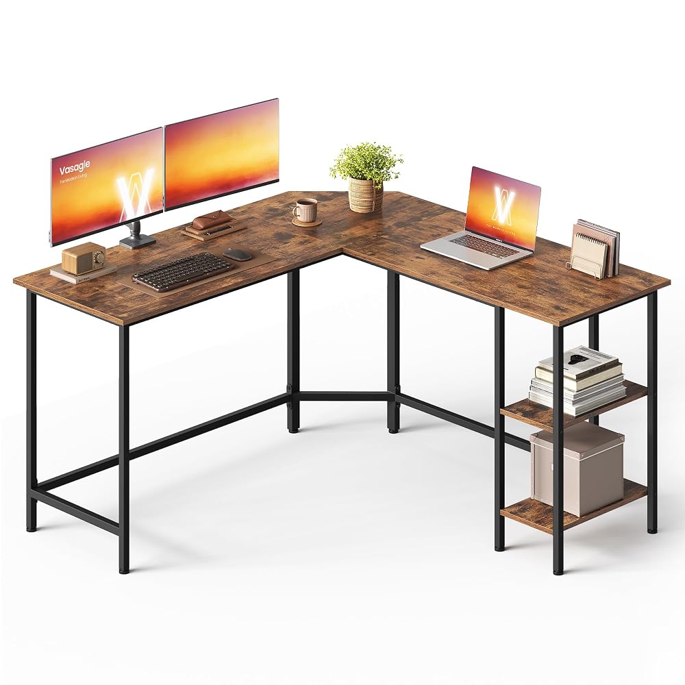 VASAGLE Computer Desk, L-Shaped Corner Desk, Workstation with 2 Storage Shelves for Home Office, Rustic Brown and Black
