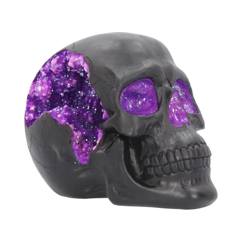 Nemesis Now Geode Skull Ornament with Glitter Detail, Matte Black Skull with Sparkling Purple Geode Crystal Effect