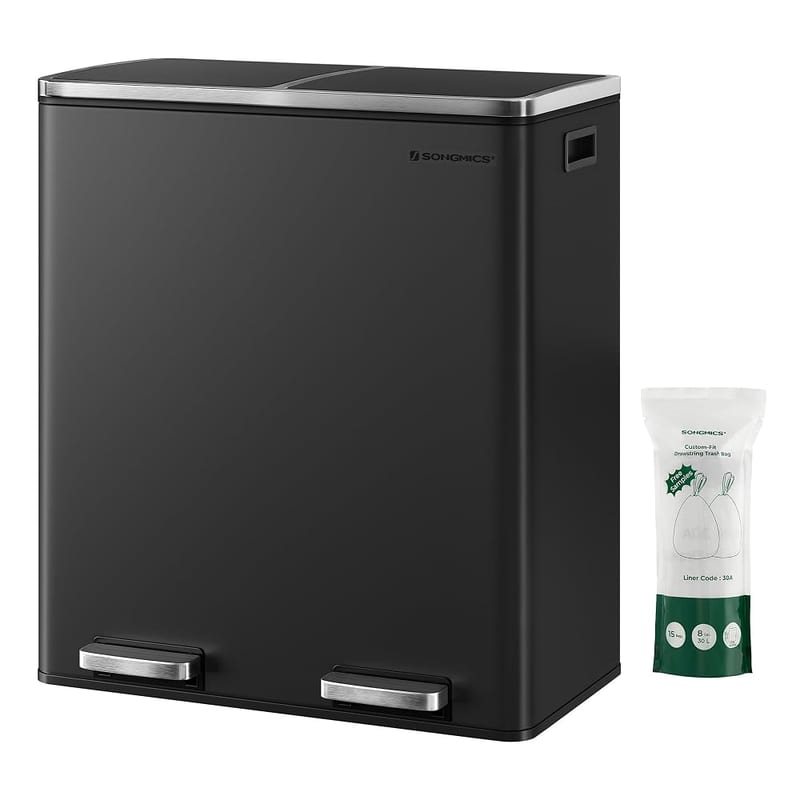 SONGMICS Dual Rubbish Bin, Metal Recycling Bin with 2 x 30L Compartments