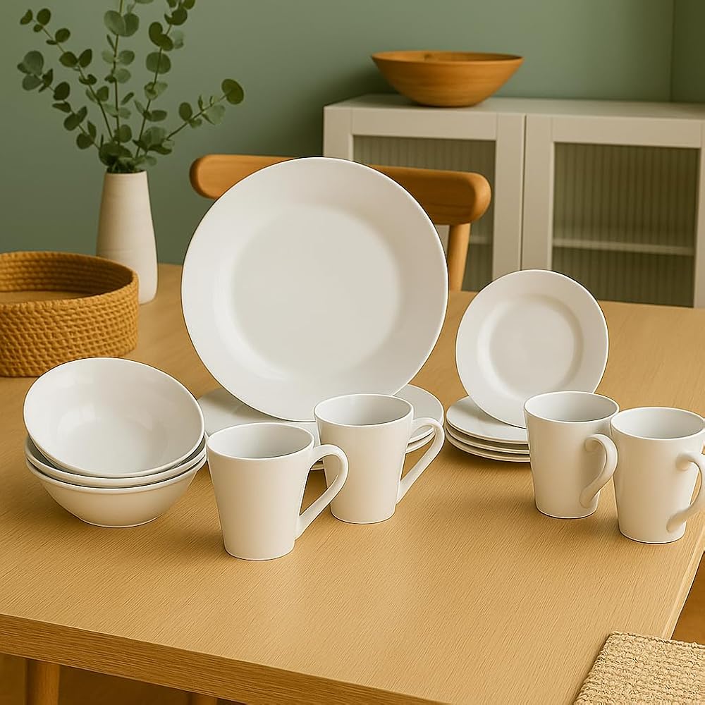 Argon Tableware 16-Piece White Dinner Set - 4-Person Dining Set with Dinner Plates, Dessert Dish, Coffee Tea Mugs, Pasta Bowls