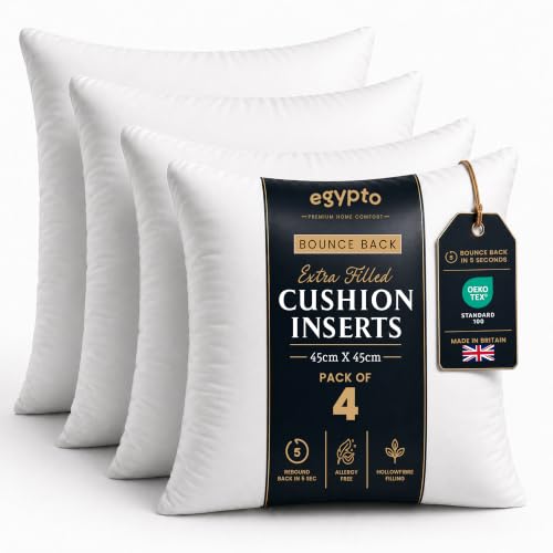 EGYPTO Pack of 4 Cushion Inserts 45cm x 45cm | Plump Bounce Back 18 x 18 Cushion Insert Pads | Hypoallergenic Sofa & Throw Pillows Inner | Made in UK