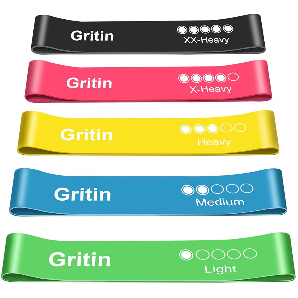 Gritin Resistance Bands, Set of 5 Skin-Friendly Exercise Bands with 5 Resistance Levels