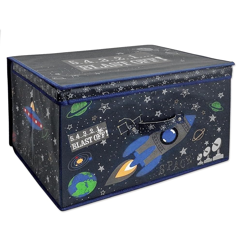 The Magic Toy Shop Large Foldable Kids Toy Storage Box with Lid - Black Colour and Space Design - Collapsible Fabric Organizer for Toys, Crafts, Clothes