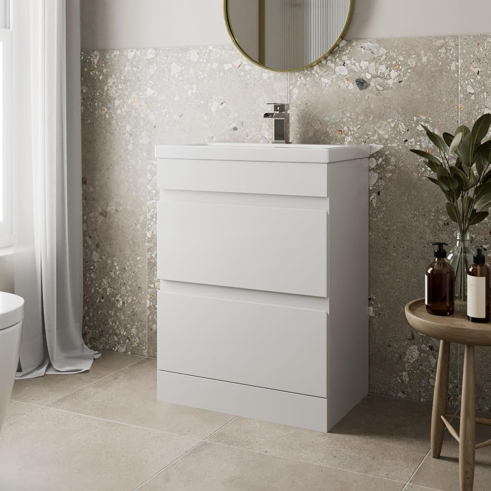 Artis 600mm Bathroom Vanity Unit With Wash Basin Ceramic Sink, 2 Drawer, Floorstanding Cabinet, White Gloss